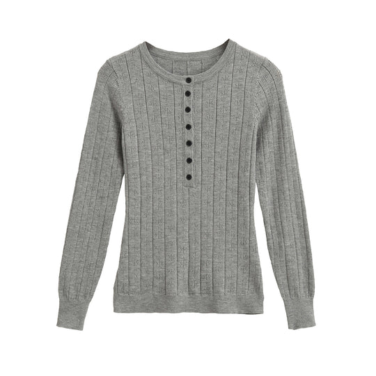 Damen Feinstrick-Longsleeve mit Knopfleiste und Strukturstrick Nord Taschen