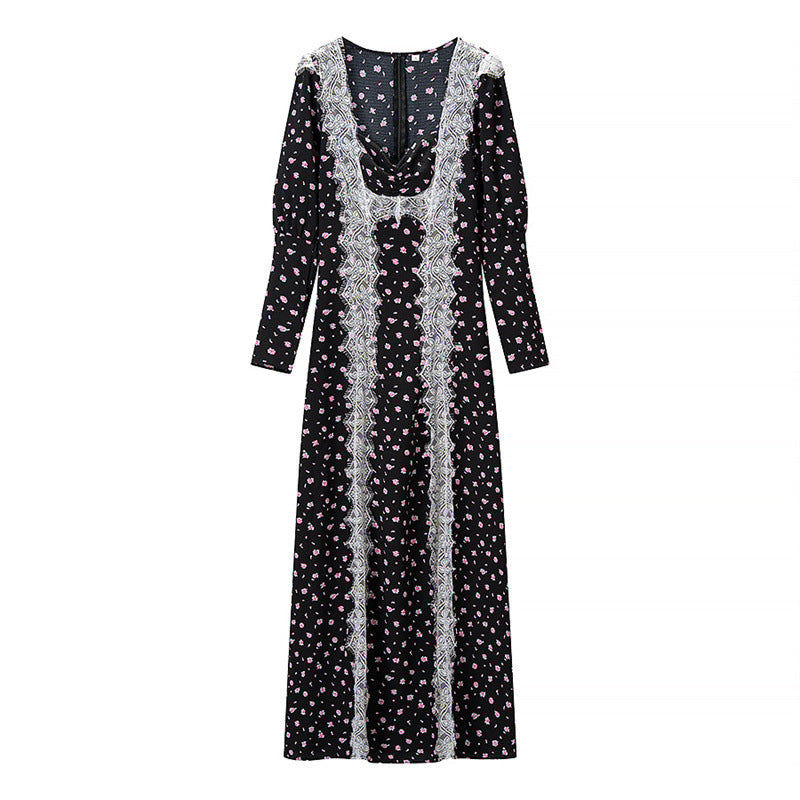 Damen Langärmeliges Maxikleid mit Spitzenborten, tiefem V‑Ausschnitt und floralem Alloverprint Nord Taschen