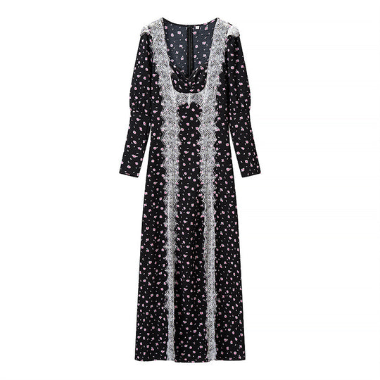 Damen Langärmeliges Maxikleid mit Spitzenborten, tiefem V‑Ausschnitt und floralem Alloverprint Nord Taschen
