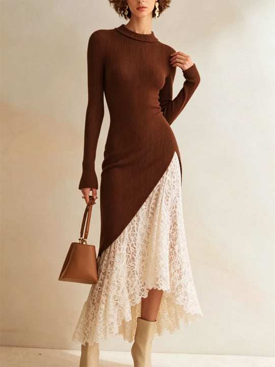 Damen Midikleid aus tailliertem Feinstrick mit asymmetrischem Spitzen-Volant Nord Taschen