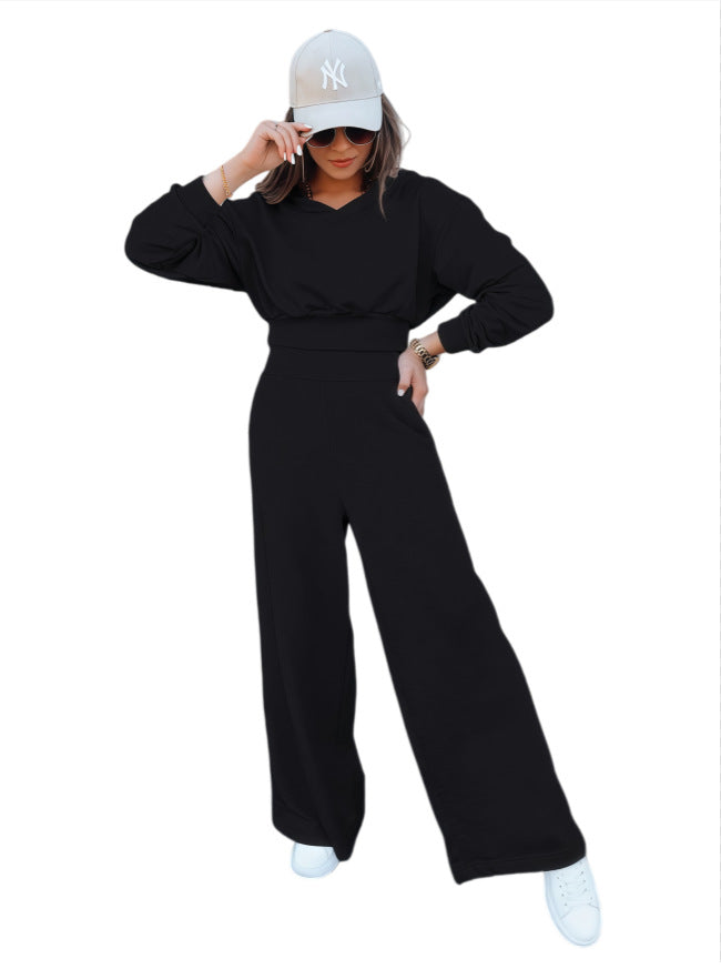 Damen Loungewear-Set mit Cropped V‑Ausschnitt-Pullover und hochtaillierter Palazzohose Nord Taschen
