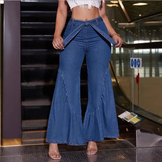 Damen Hochtaillierte Denim-Palazzo-Jeans mit überlappendem V-Bund, weitem Schlag und Frontschlitz Nord Taschen