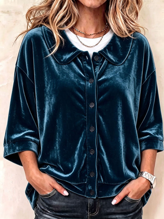 Damen Oversize- samtbluse mit Knopfleiste und rundem Bubikragen Nord Taschen