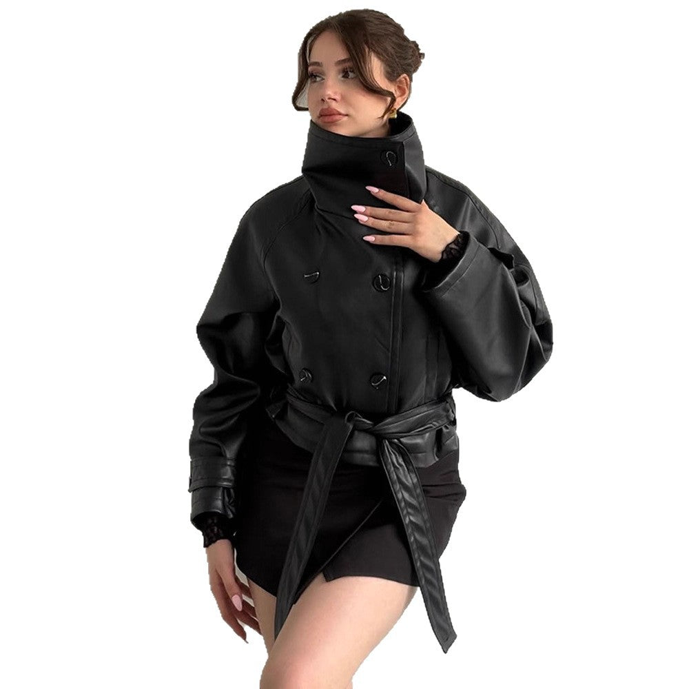 Damen Taillierte Kurzblouson‑Jacke aus Lederimitat mit hohem Stehkragen und Bindegürtel Nord Taschen