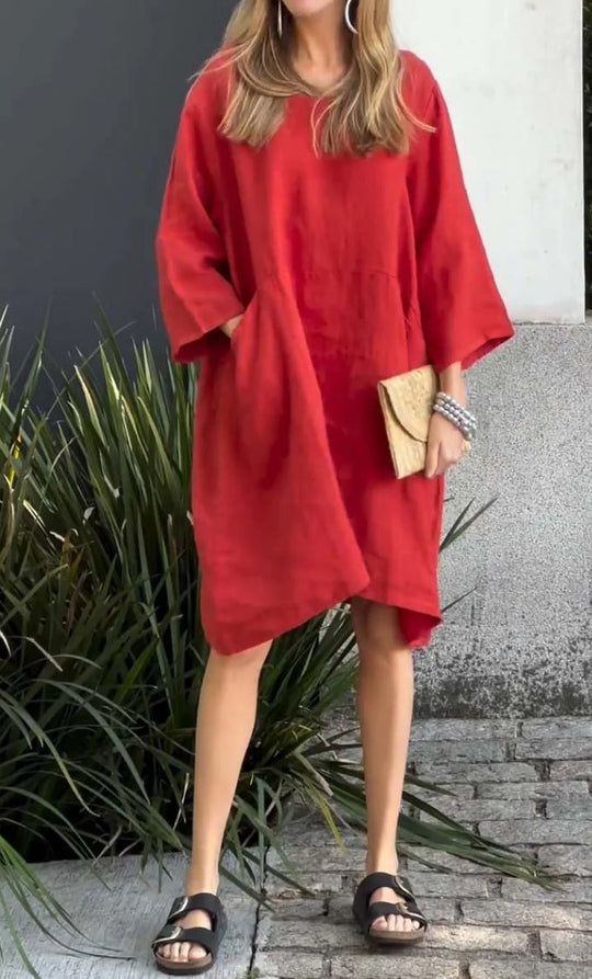 Damen lässiges Leinenkleid mit praktischen Taschen und asymmetrischem Saum