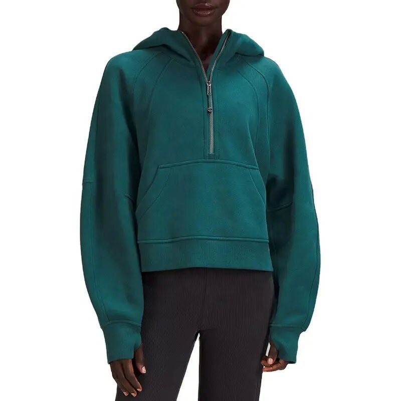 Damen Kurz geschnittener Kapuzenpullover mit halbem Reißverschluss und Kängurutasche Nord Taschen
