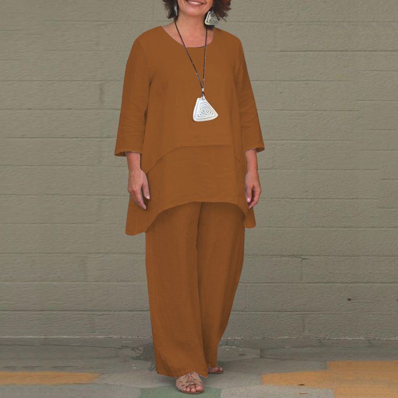 Damen Lässiges Zweiteiliges Leinen-Set mit Oversize-Tunika und weiter Palazzo-Hose Nord Taschen