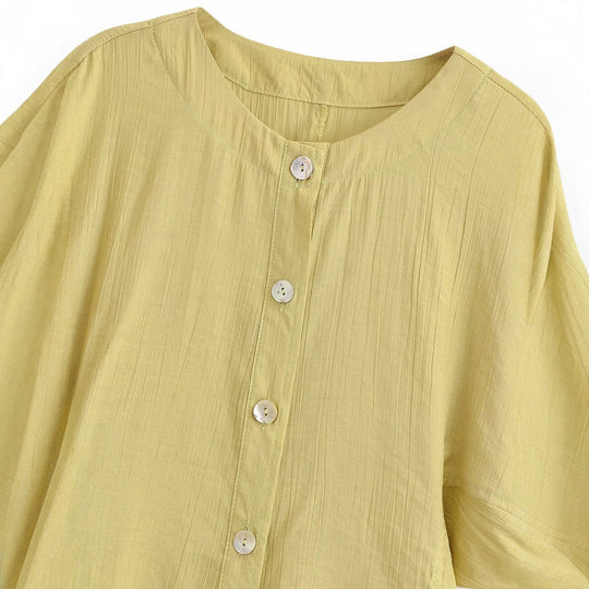 Damen Leichtes Crinkle-Blusen-Shirt mit Knopfleiste und gerafften Ballonärmeln Nord Taschen
