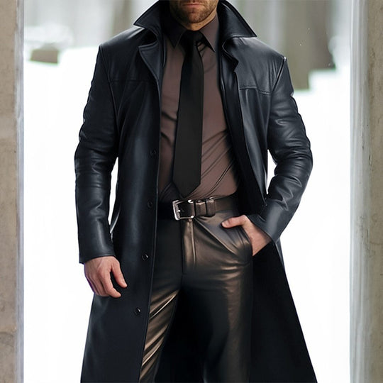 Herren Langer Ledermantel mit Hemdkragen, tailliertem Schnitt und verdeckter Knopfleiste Nord Taschen
