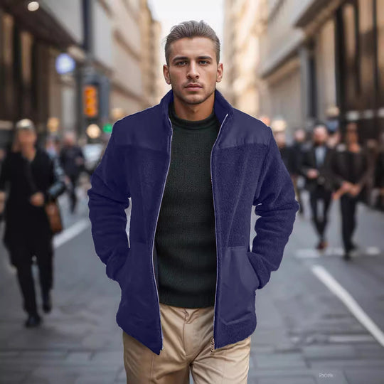 Herren Fleecejacke mit Stehkragen, Zwei‑Material‑Panel und Reißverschluss Nord Taschen