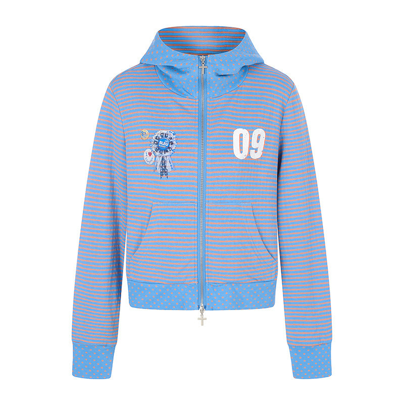 Damen Kurze Kapuzen‑Sweatjacke im Streifenmix mit durchgehendem Reißverschluss und Plaketten‑Applikation Nord Taschen