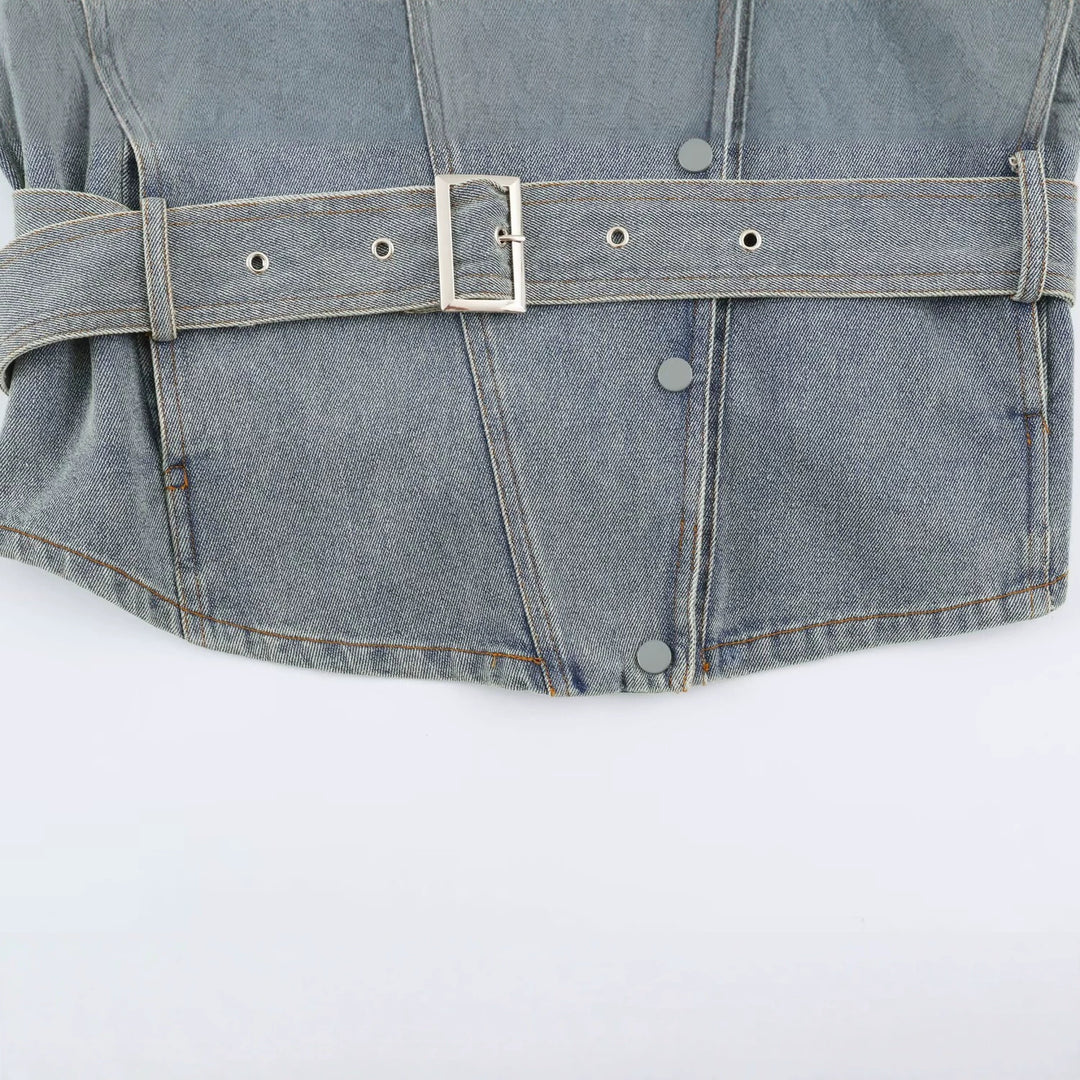 Damen Jeansjacke mit Taillengürtel und asymmetrischer Druckknopfleiste Nord Taschen