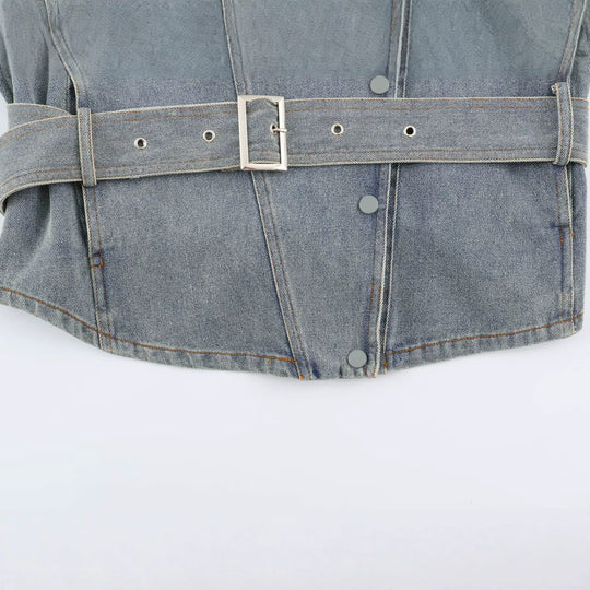 Damen Jeansjacke mit Taillengürtel und asymmetrischer Druckknopfleiste Nord Taschen