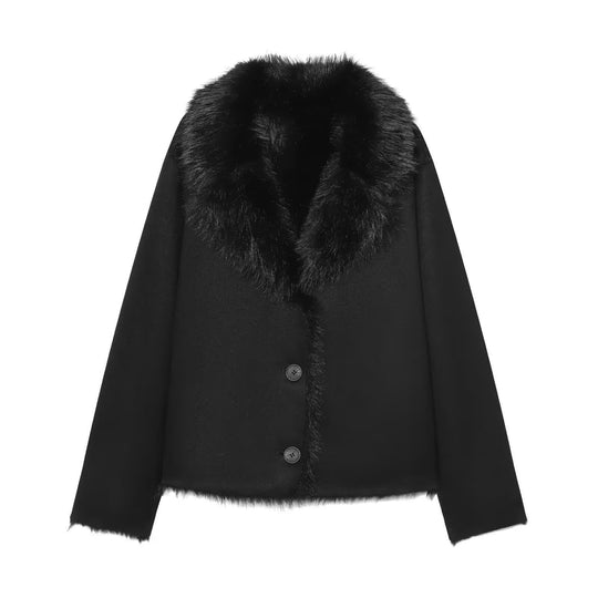 Damen Gekürzter Wollmix-Blouson mit voluminösem Kunstfellkragen Nord Taschen