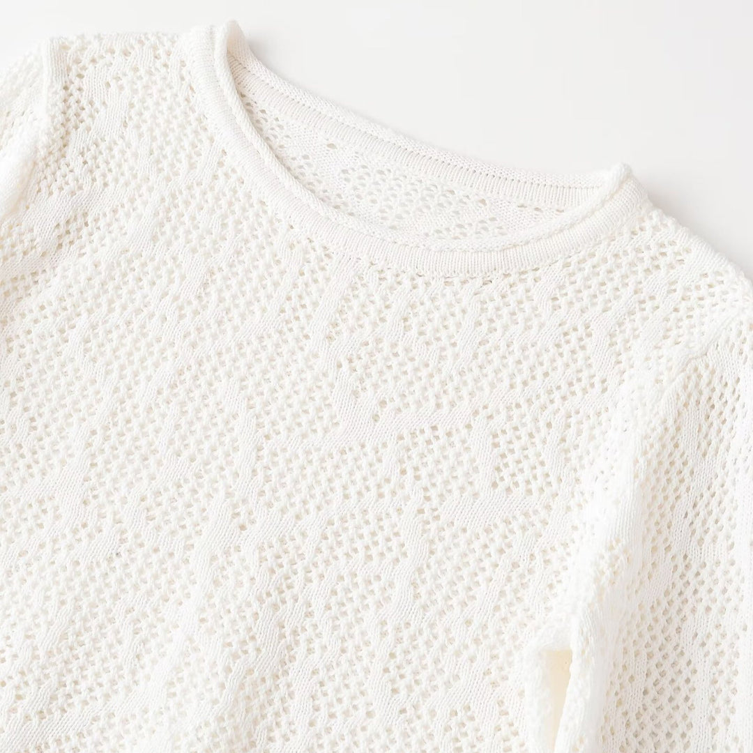 Damen Kurzgeschnittenes Ajour-Strick-Crop-Top mit Rundhalsausschnitt und leicht ausgestellten Ärmeln Nord Taschen