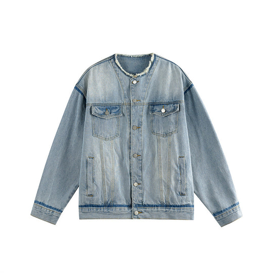 Herren Oversize-Denimblouson ohne Kragen mit rohem Halsausschnitt und Pattentaschen Nord Taschen