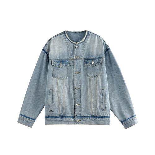 Herren Oversize-Denimblouson ohne Kragen mit rohem Halsausschnitt und Pattentaschen Nord Taschen