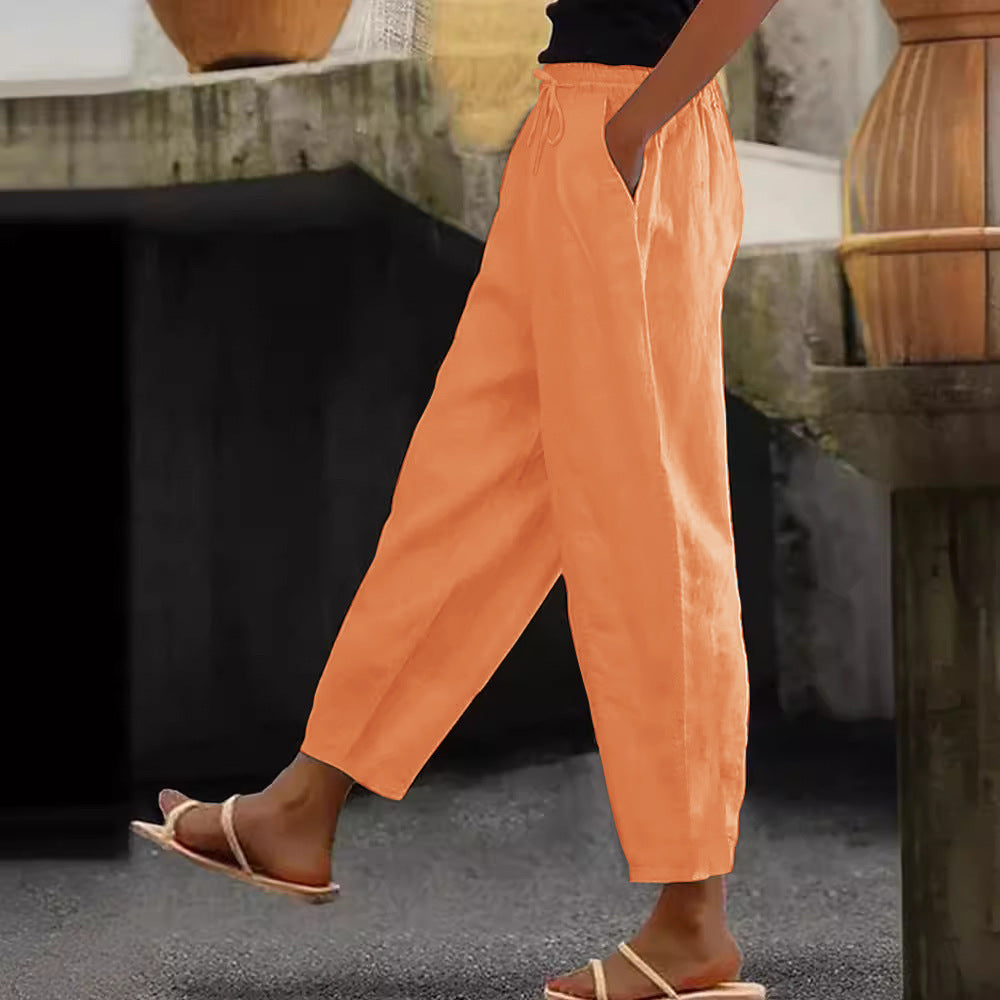 Damen Leinen-Mischung Cropped-Hose mit elastischem Bund, Kordelzug und Seitentaschen Nord Taschen