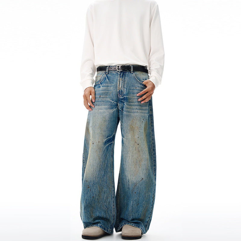 Herren Ultraweite Denim-Baggyhose im Vintage-Look mit Farbpatina und tiefem Schritt Nord Taschen