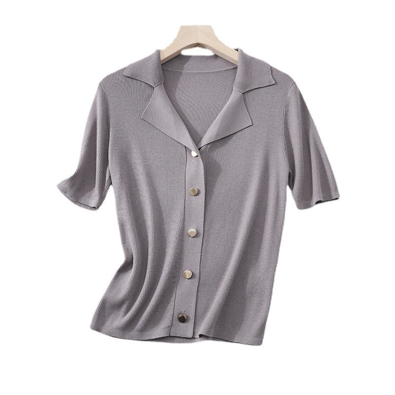 Damen Kurzarm-Rippenstrick-Cardigan mit Reverskragen und Zierknopfleiste Nord Taschen