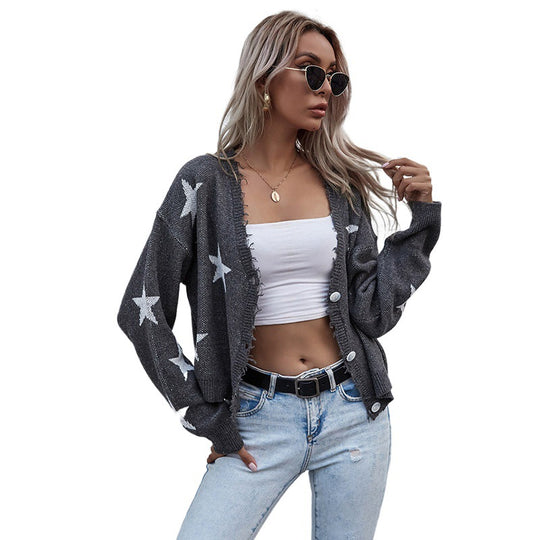 Damen Lässiger Cardigan mit Sternenprint und Knopfdetails Nord Taschen