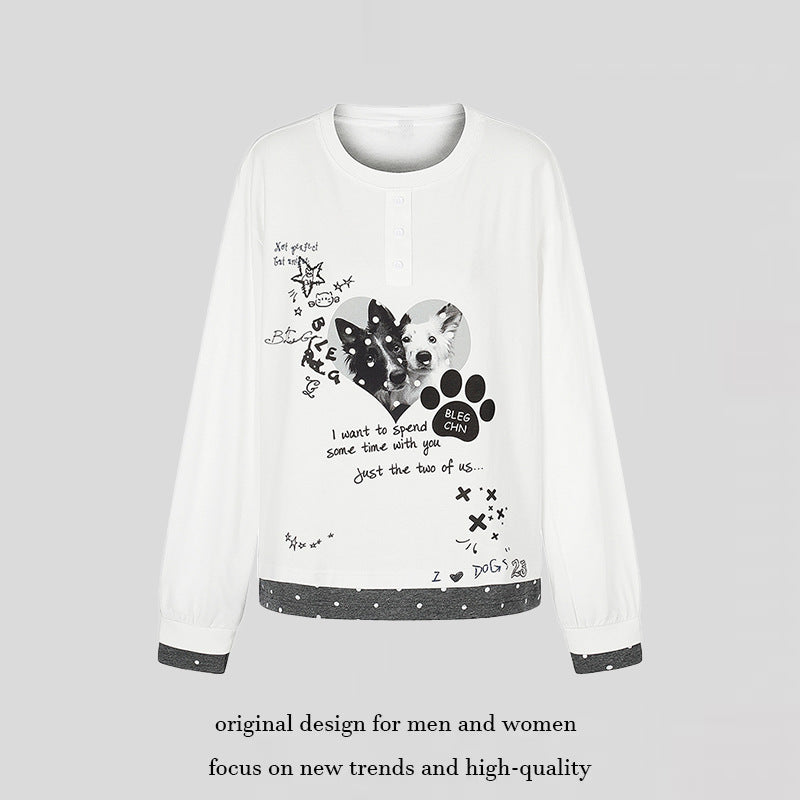 Damen Loungewear-Longsleeve mit Hündchen-Print, Henley-Knopfleiste und gepunktetem Saum Nord Taschen
