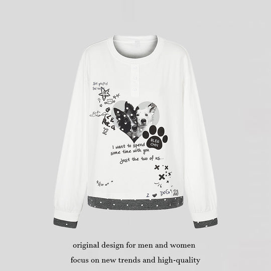 Damen Loungewear-Longsleeve mit Hündchen-Print, Henley-Knopfleiste und gepunktetem Saum Nord Taschen