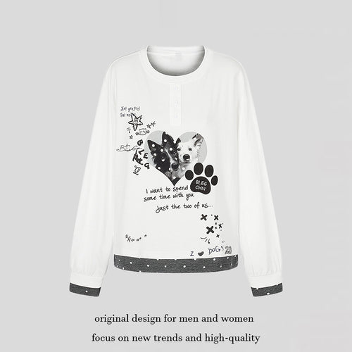 Damen Loungewear-Longsleeve mit Hündchen-Print, Henley-Knopfleiste und gepunktetem Saum Nord Taschen