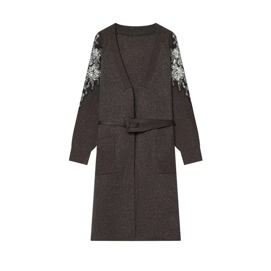 Damen Lange Strickmantel-Cardigan mit Taillengürtel und Paillettenärmeln Nord Taschen