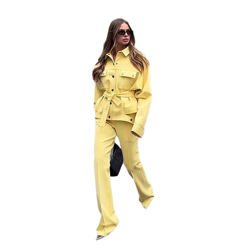 Damen Utility-Blazer mit Bindegürtel und hochtaillierter Bundhose Nord Taschen