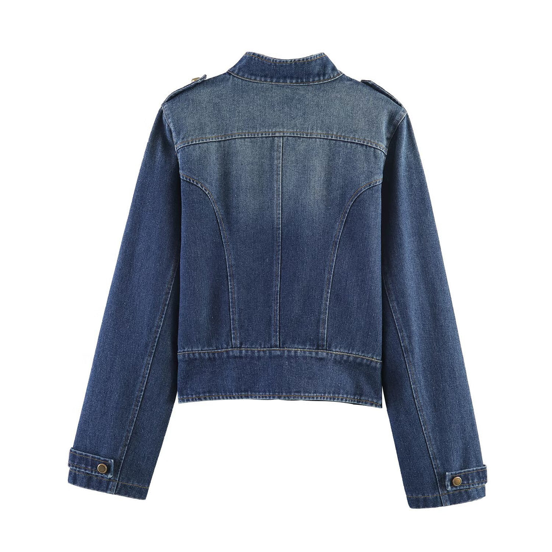 Damen Jeansjacke mit Stehkragen, Doppelreihen‑Druckknöpfen und Schulterklappen Nord Taschen