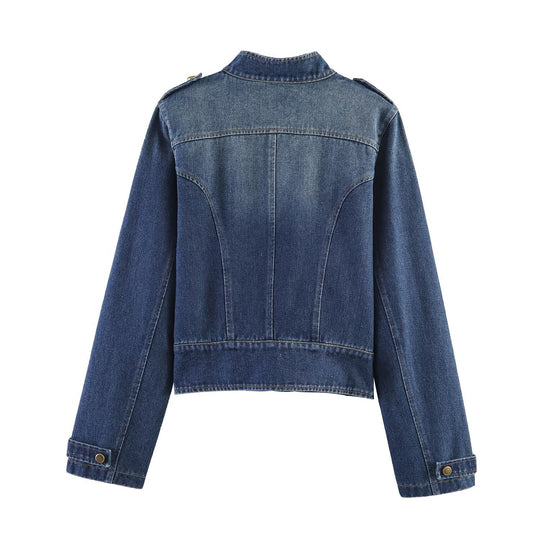 Damen Jeansjacke mit Stehkragen, Doppelreihen‑Druckknöpfen und Schulterklappen Nord Taschen
