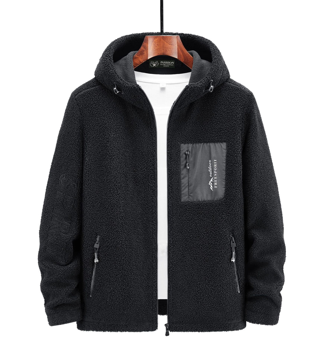 Herren Teddyfleece Kapuzenjacke mit Nylon-Brusttasche und Zwei‑Wege‑Reißverschluss Nord Taschen