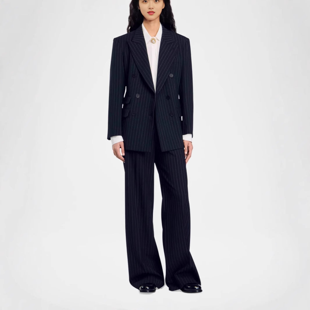 Damen Zweireihiger Nadelstreifen-Hosenanzug mit Oversize-Blazer und weitem Bundfaltenhose Nord Taschen