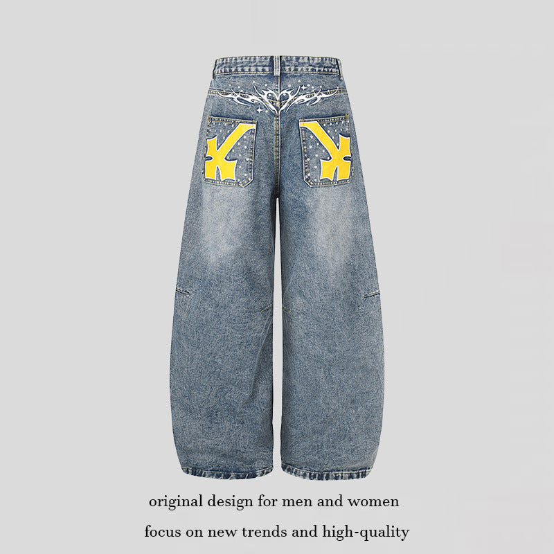 Damen Extraweite High‑Waist Palazzo-Jeans mit verzierten Gesäßtaschen Nord Taschen