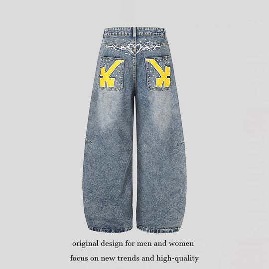 Damen Extraweite High‑Waist Palazzo-Jeans mit verzierten Gesäßtaschen Nord Taschen