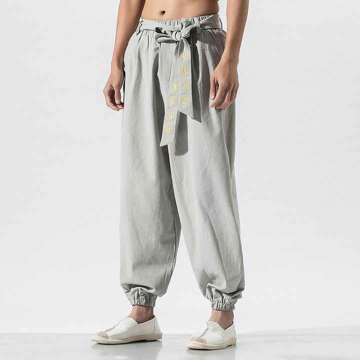 Damen weite Leinenhose mit Tunnelzug Bund Bindedetail und elastischen Knöchelabschlüssen Nord Taschen