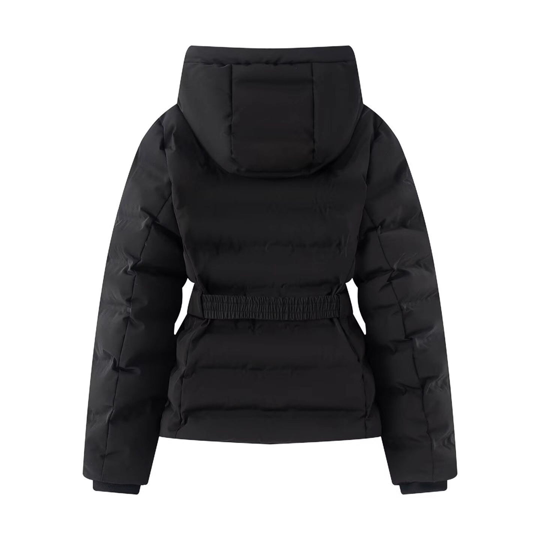 Damen Glänzende Daunenoptik-Steppjacke mit Kapuze und tailliertem Zugbandgürtel Nord Taschen