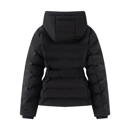 Damen Glänzende Daunenoptik-Steppjacke mit Kapuze und tailliertem Zugbandgürtel Nord Taschen