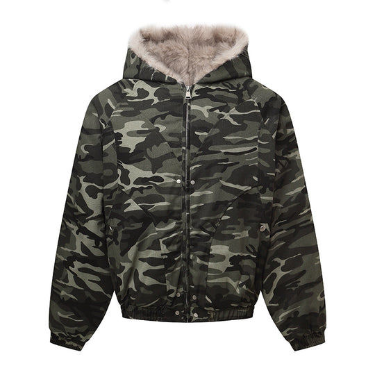 Unisex Wattierte Kapuzenjacke im Camouflagemuster mit Teddyfutter und elastischem Saum Nord Taschen