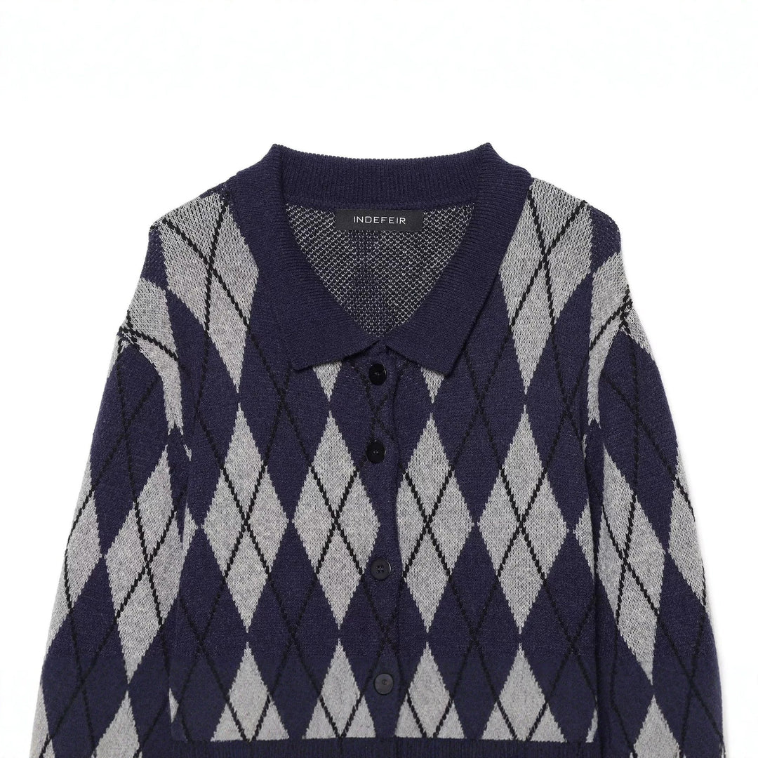 Damen Argyle-Strickcardigan mit Hemdkragen und durchgehender Knopfleiste Nord Taschen