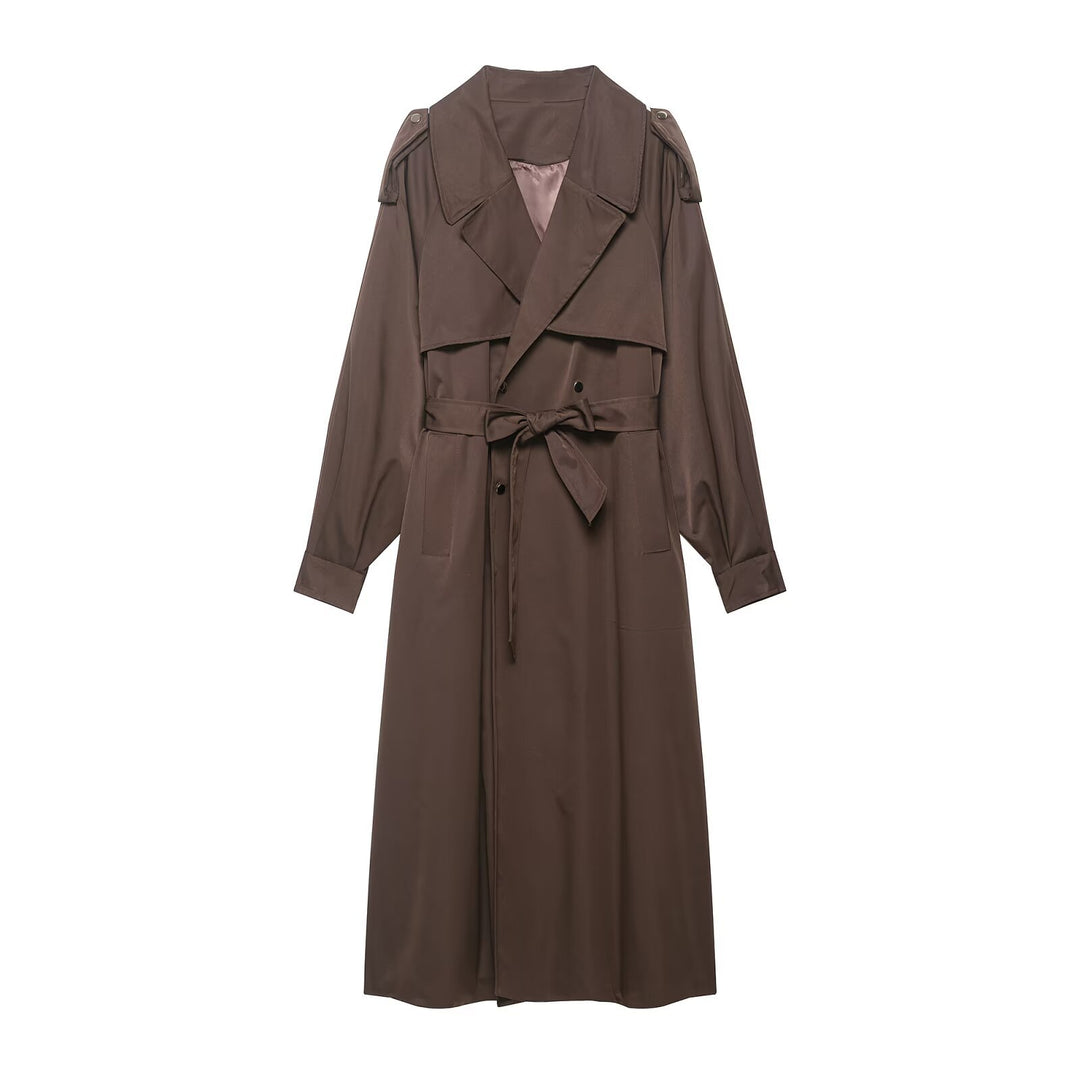 Damen Trenchcoat mit Taillengürtel, Schulterklappen und weitem Wasserfall-Revers Nord Taschen