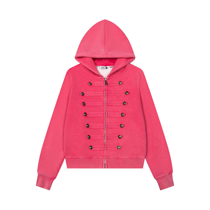 Damen Kapuzen-Sweatjacke mit militärischer Knopfverzierung und durchgehendem Reißverschluss Nord Taschen