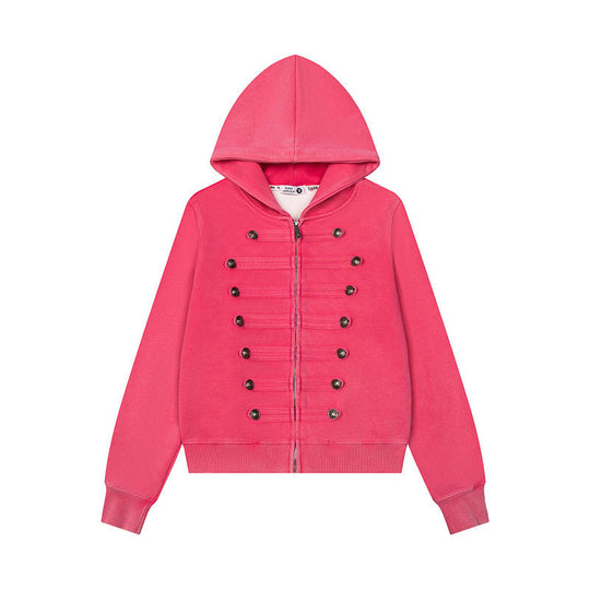 Damen Kapuzen-Sweatjacke mit militärischer Knopfverzierung und durchgehendem Reißverschluss Nord Taschen