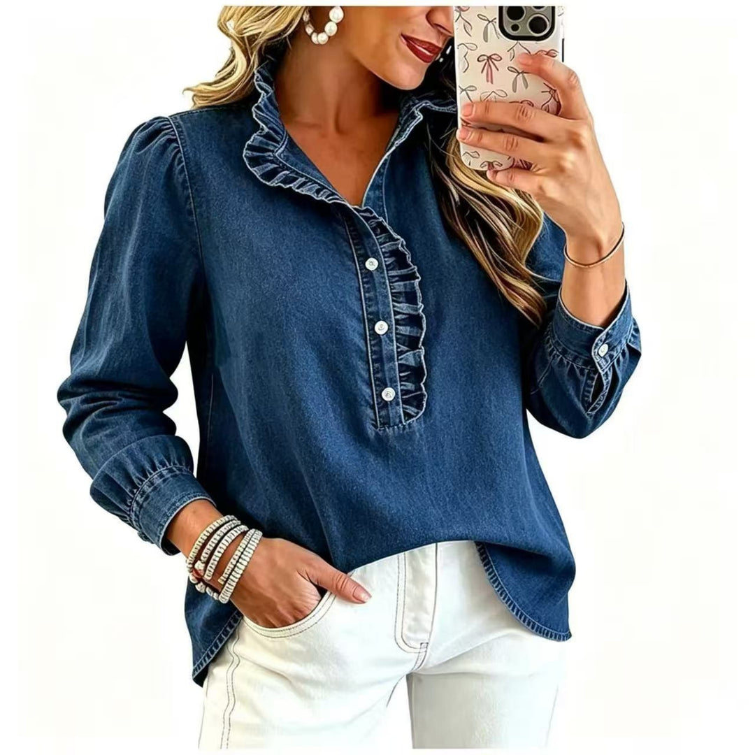 Damen Jeansbluse mit Rüschenkragen und Ballonärmeln Nord Taschen