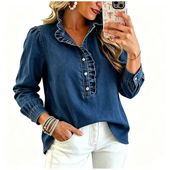 Damen Jeansbluse mit Rüschenkragen und Ballonärmeln Nord Taschen