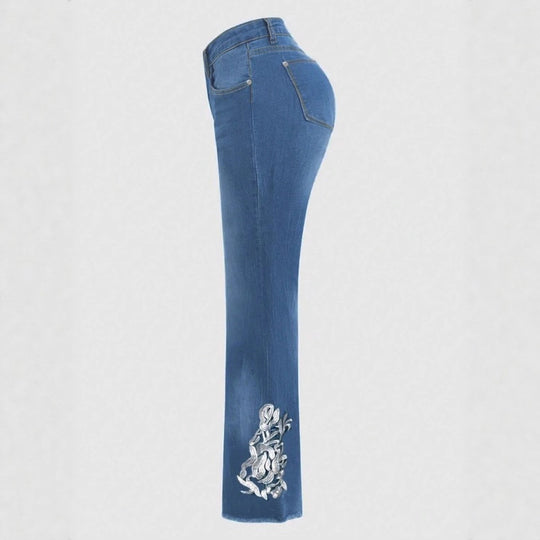 Damen Bootcut-Jeans im Western‑Stil mit dekorativer Stickerei und Used‑Effekt Nord Taschen