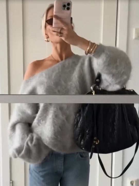 Damen Oversize Mohair-Blend Off-Shoulder Pullover mit Ballonärmeln Nord Taschen