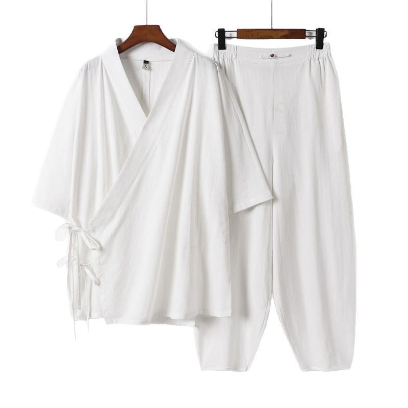 Unisex Leichtes Wickel-Lounge-Set im Kimono-Stil mit seitlichen Bindebändern und elastischer konisch zulaufender Hose Nord Taschen
