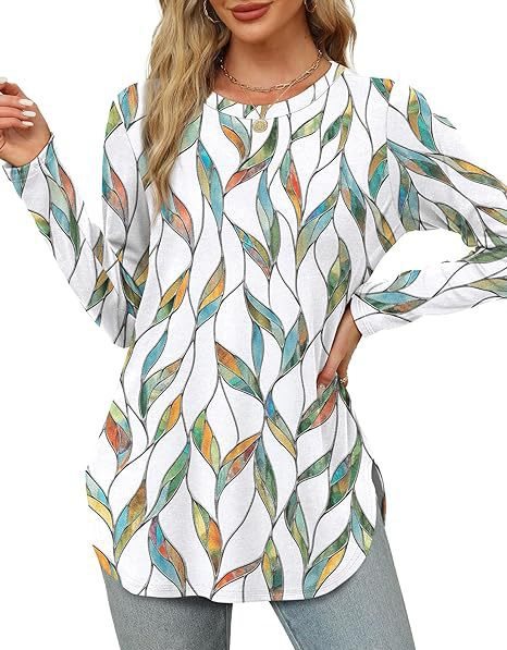Damen Lässiges Longsleeve-Tunikaoberteil mit Rundhalsausschnitt, Seitenschlitzen und Aquarell-Blattprint Nord Taschen
